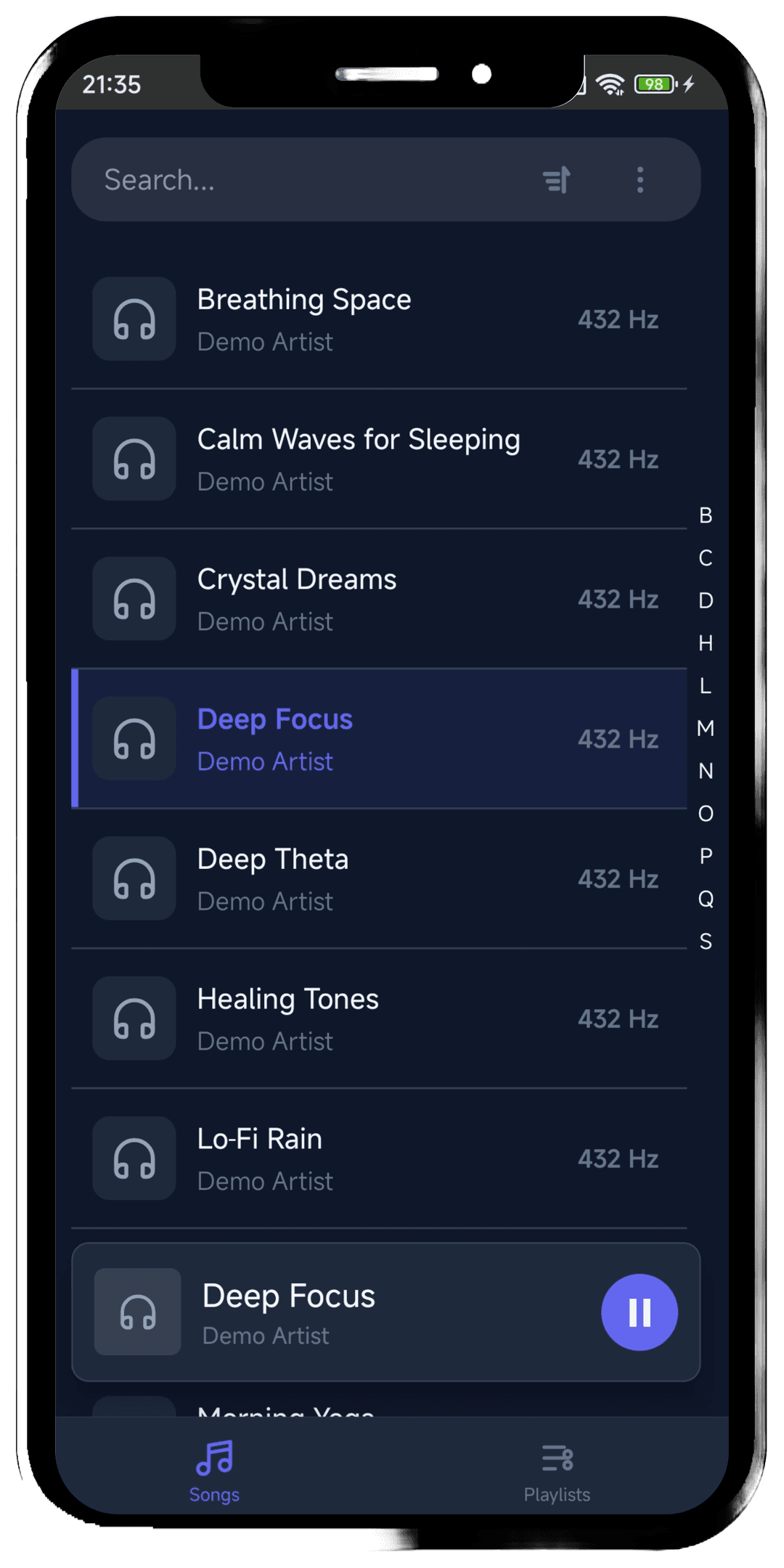 Songs list view with mini player at the bottom