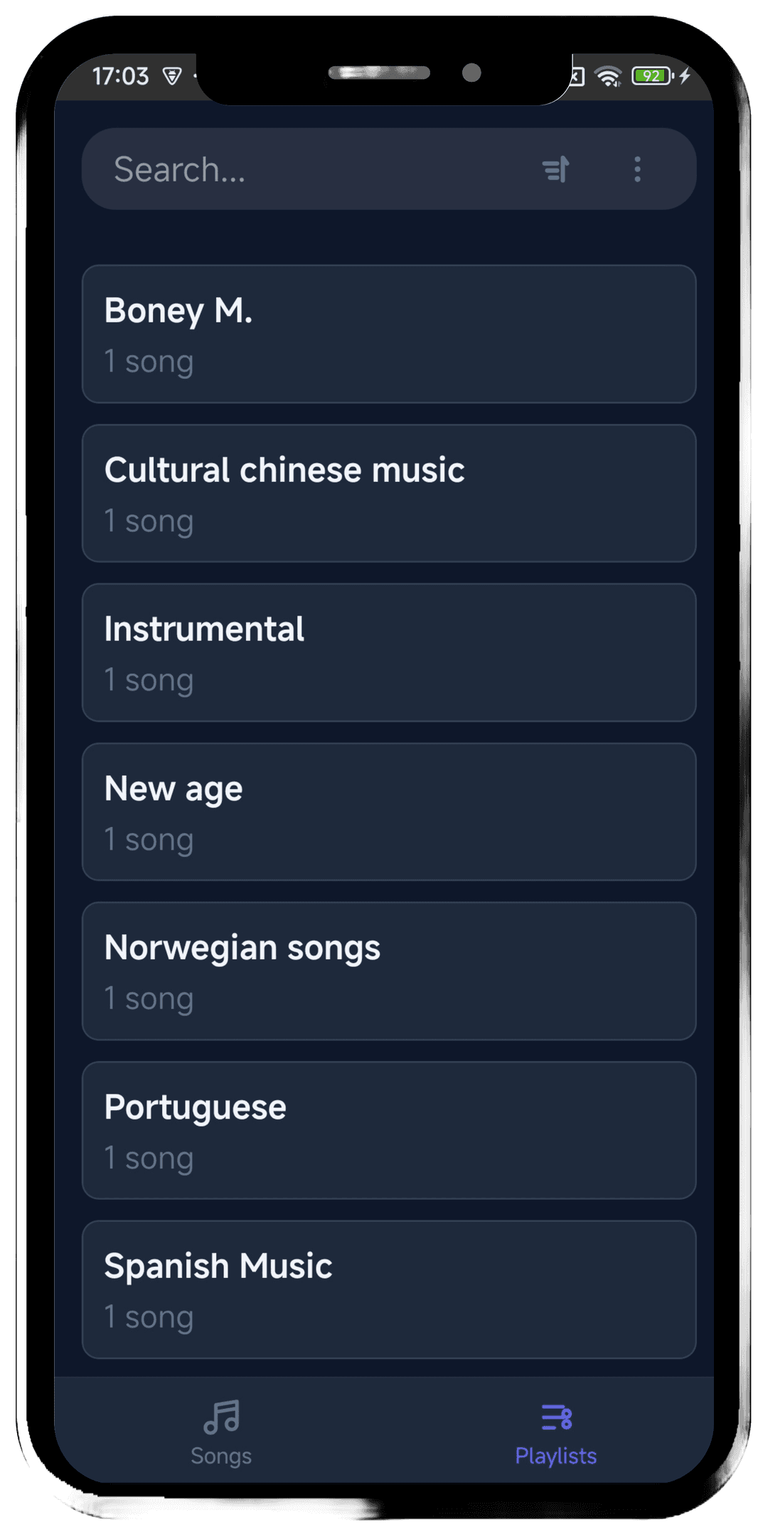 Playlists view in the Android app