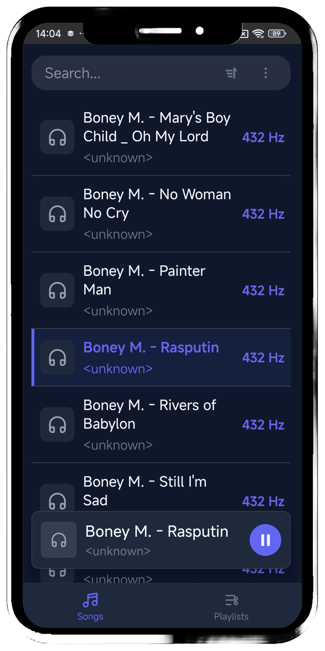 Songs list view with mini player at the bottom